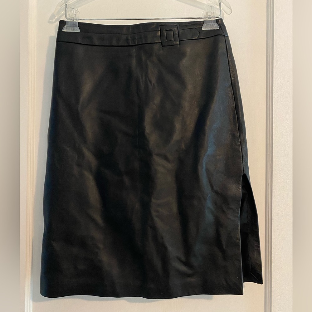 Vintage Armani Collezioni Luxury Designer Black Leather Pencil Skirt Size 4